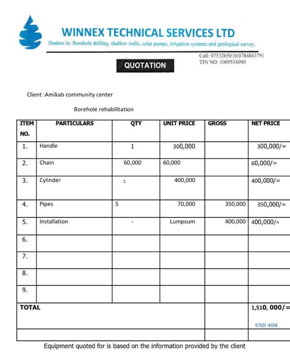 water well repair invoice